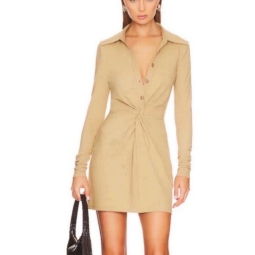 L’Academie Anders Beige Mini Dress Long Sleeve Button Front Twist